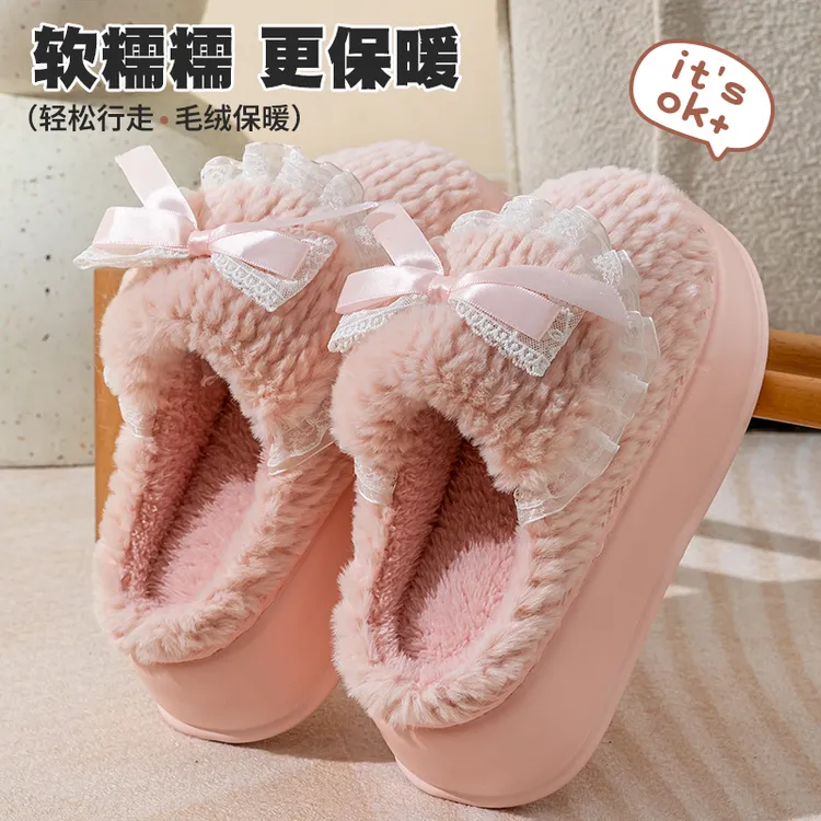 踩屎感棉拖鞋女款冬季2025新款保暖冬天室内家居蝴蝶结厚底拖鞋冬