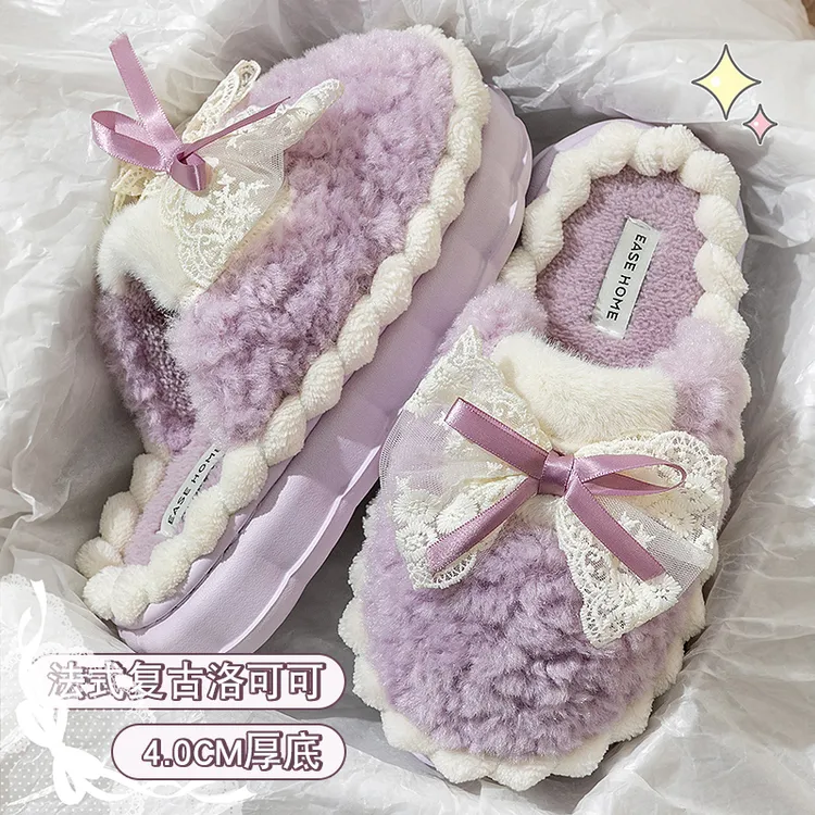 蝴蝶结棉拖鞋女款冬季2025新款保暖冬天室内家居踩屎感厚底拖鞋冬