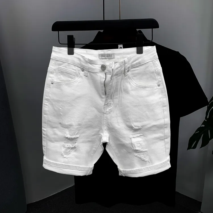 男生2025夏季薄款弹力修身牛仔短裤青年个性刮烂猫须破洞4分裤潮