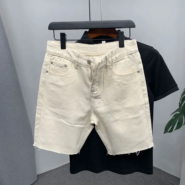 毛边裤脚卡其色修身牛仔短裤2025夏季新款潮男光板休闲无弹四分裤