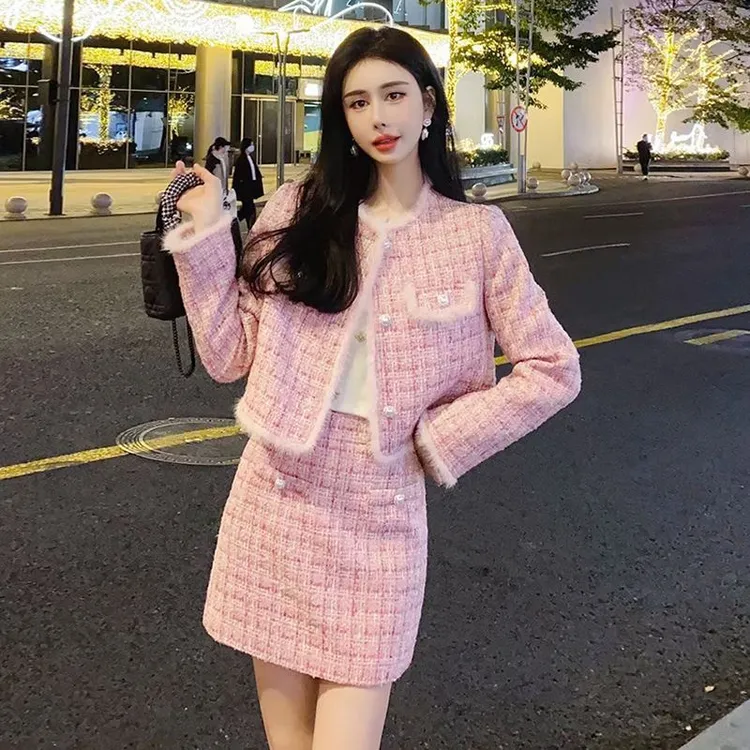 粗花呢高级感小香风时尚套装女秋冬新款加厚短外套+半身裙两件套