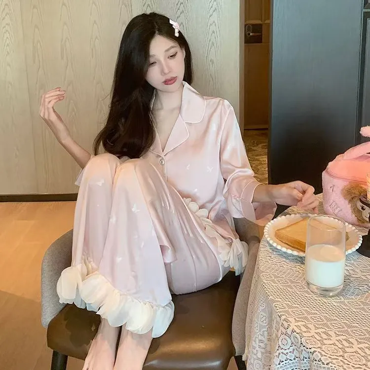 冰丝睡衣女春秋季甜美气质2025新款蝴蝶粉色长袖套装可外穿家居服