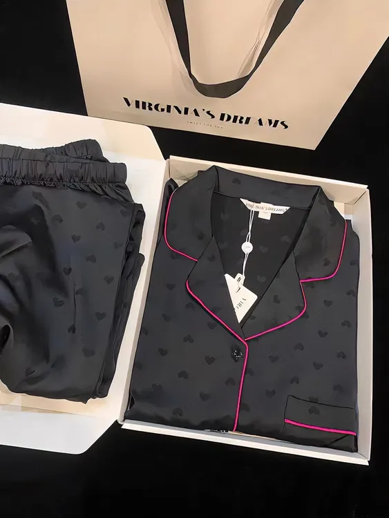 黑色爱心网红女春秋冬季长袖缎绸高级感简约家居服两件套装可外穿