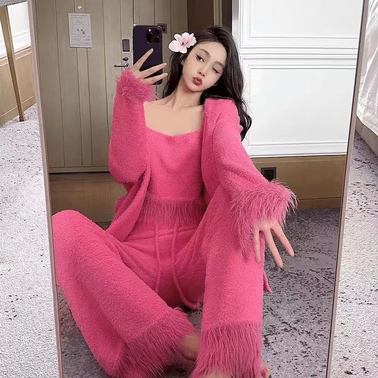 半边绒2025新睡衣女款秋冬季加绒加厚软绵绵保暖家居服三件套装