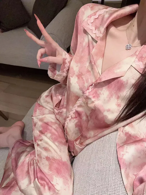 高级感水墨印花长袖翻领冰雪丝睡衣女春秋套装女时尚家居服可外穿