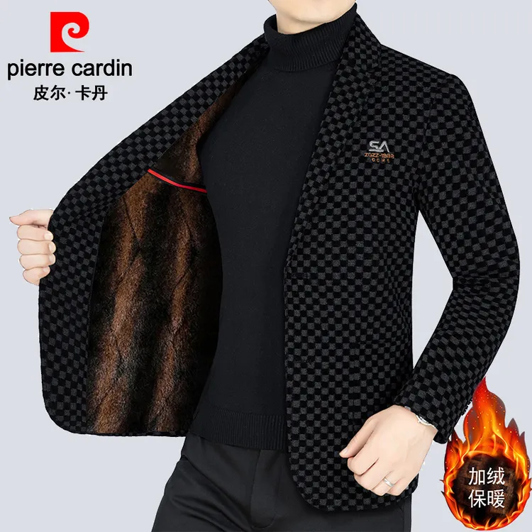 皮尔卡丹加绒加厚西装外套男秋冬休闲保暖西服上衣中年休闲西服男