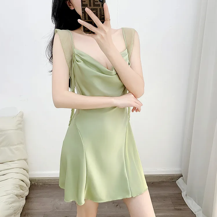 新款荡领性感睡裙女士夏季吊带冰丝绸睡衣堆堆领性感诱惑纯欲睡衣