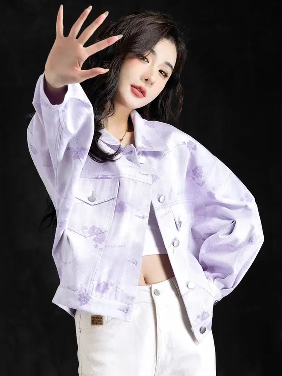淡紫色印花复古牛仔短外套女春秋季时尚休闲宽松百搭短款夹克上衣