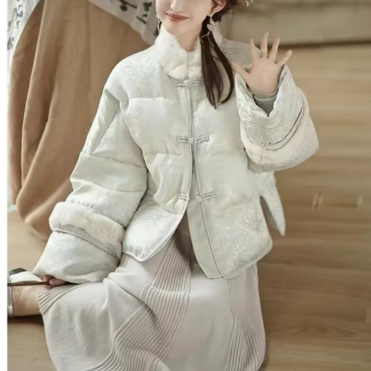 国风盘扣提花新中式棉服女冬季新款时尚保暖棉衣仿皮草拼接外套