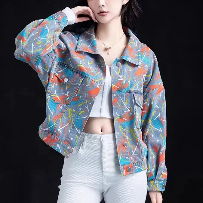 印花大连欧货牛仔短外套女春秋新款百搭洋气宽松长袖短款夹克上衣