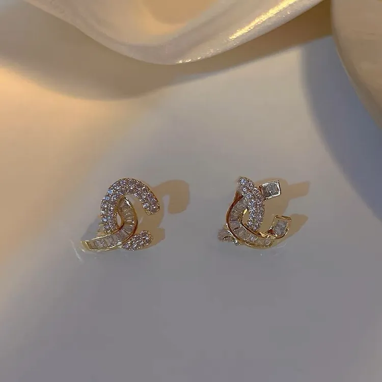 铜合金耳饰 气质耳饰镶钻小香风时尚小众精致设计感百搭法式7175