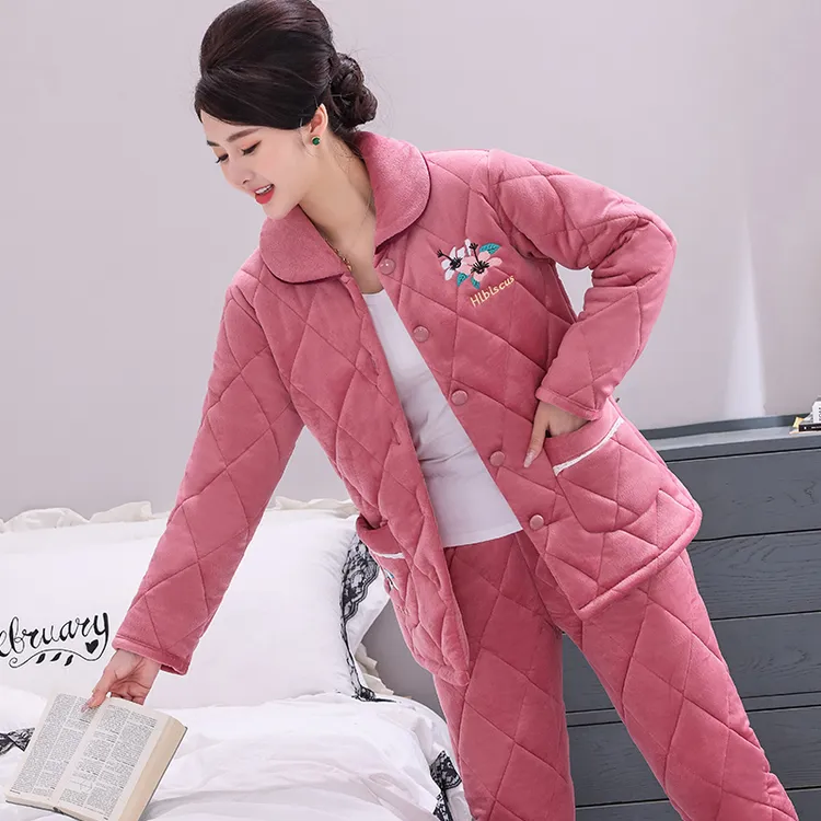 冬季睡衣女士加绒加厚大码中年保暖棉衣三层夹棉可外穿家居服套装