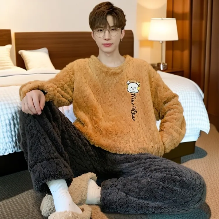 男士睡衣秋冬季加绒加厚珊瑚绒男青年可外穿法兰绒家居服保暖套装