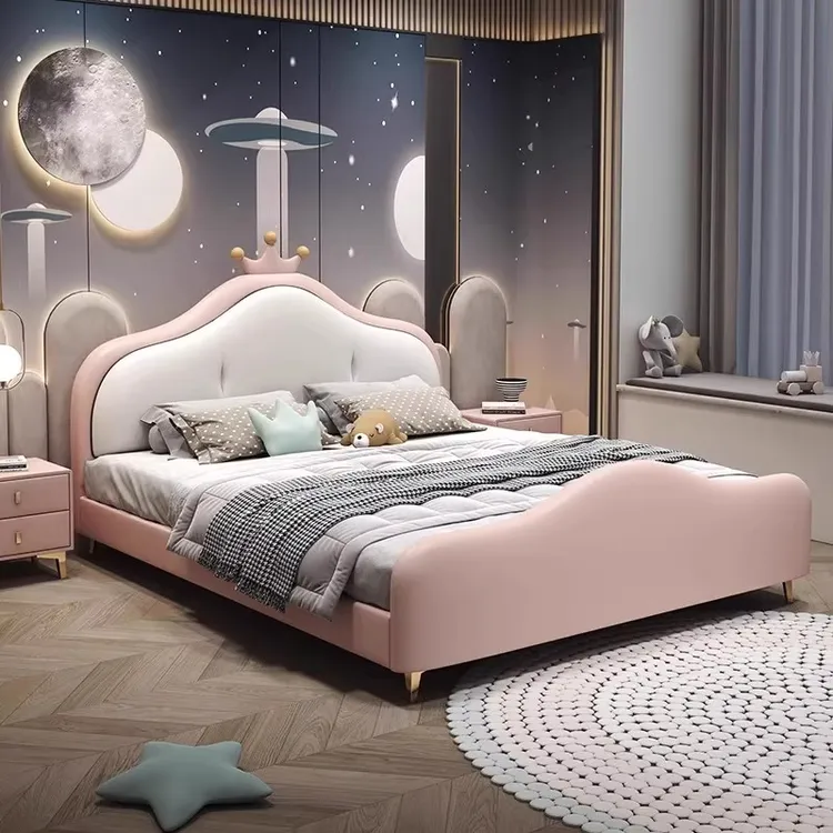 皇冠真皮床儿童床粉色公主床卧室小孩单人床简约儿童房储物大床