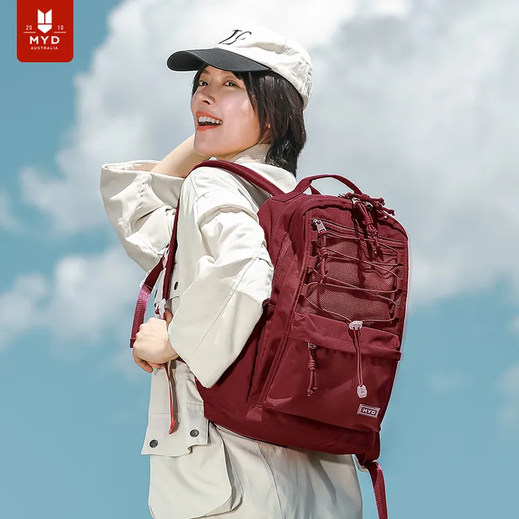 MYD双肩包大学生户外背包大容量初中生高中生书包酒红旅行电脑包