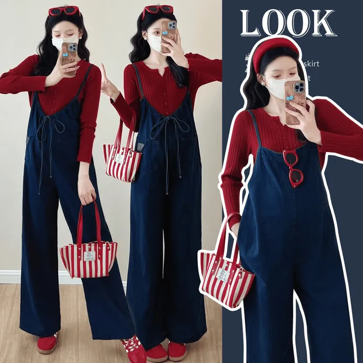 前后两穿孕妇装春装新款牛仔背带裤打底上衣女显瘦阔腿裤孕妇套装