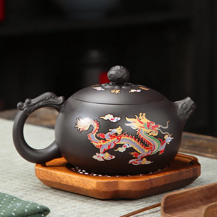 遇热水变色龙凤呈祥紫砂壶大号500ML西施凤鸣壶公司活动LOGO礼品