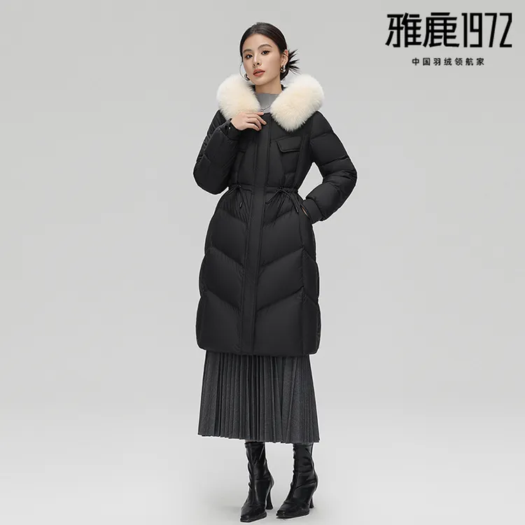 精选冬季新款时尚保暖收腰过膝高品质气质大毛领90白鸭绒羽绒服