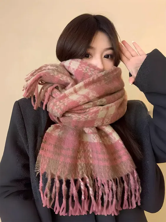 2025秋冬新款围巾女爆款干枯玫瑰粉围脖保暖流光风时尚百搭披肩