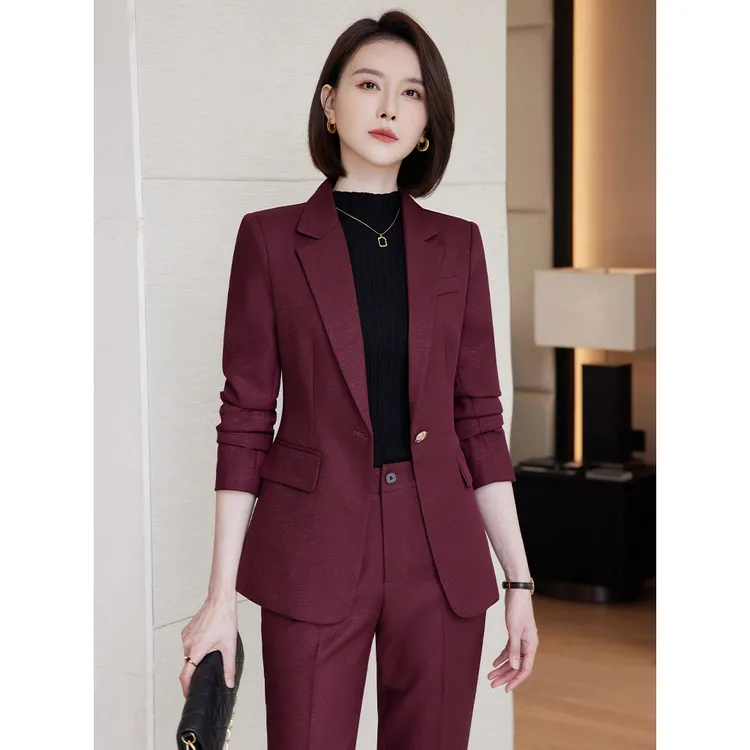 高端西装套装女酒红色春秋气质主持人工装工作服职业装西服外套秋