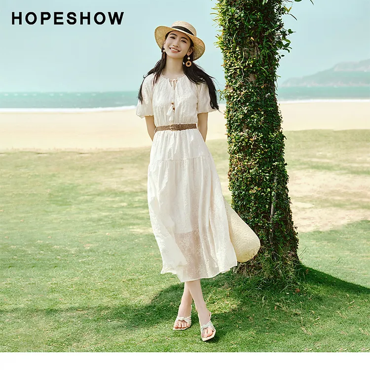 红袖夏季新款女装 松紧腰蕾丝花边圆领套头连衣裙90124151612