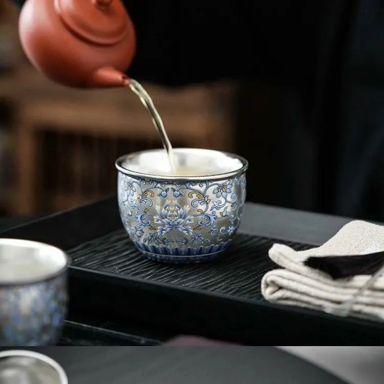 青花缠枝莲鎏银风水缸杯