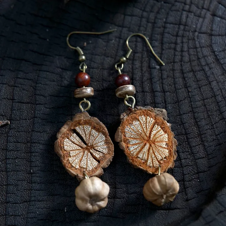 非金属木质耳饰 天然血藤片小南瓜中药植物手作耳环复古民族耳环