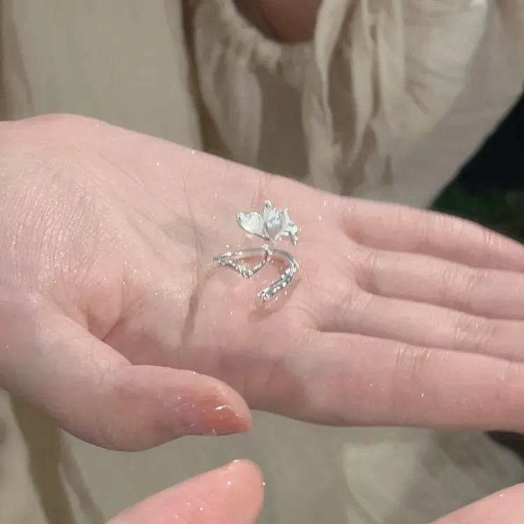楚噢 925银戒指 白玉兰花戒指国潮复古风女生日礼物新款轻奢纯银