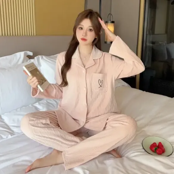 【海岛绒】超柔秋冬季女士睡衣甜美刺绣爱心开衫家居服F599#