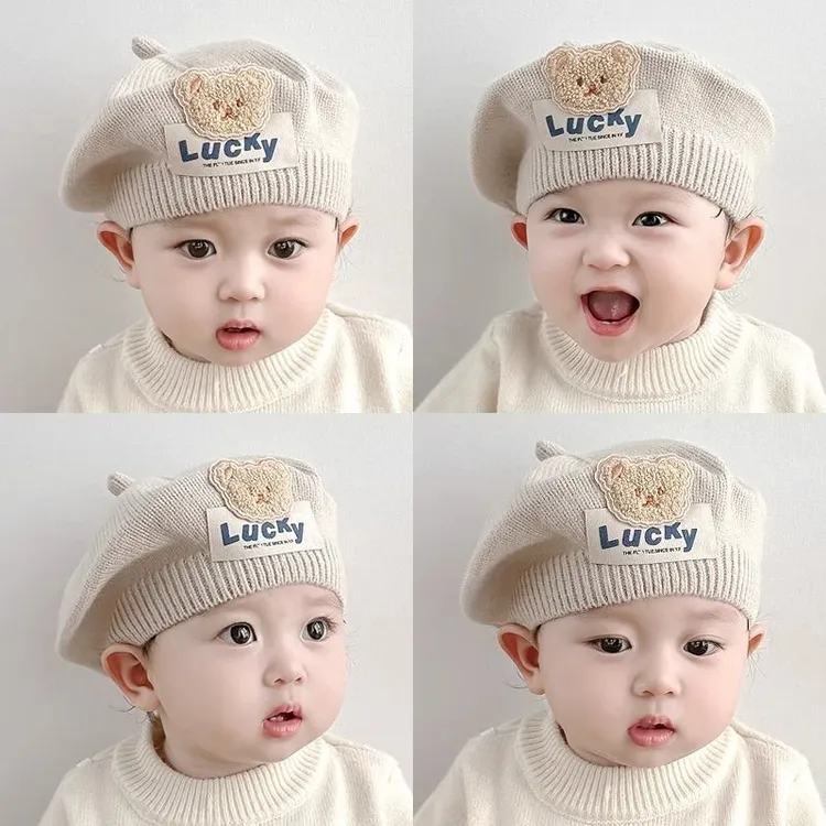 儿童贝雷帽女宝宝帽子秋冬季韩版小熊婴幼儿男童针织毛线画家帽潮