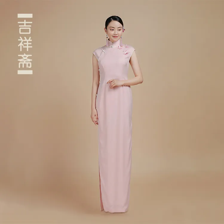 吉祥斋女装浮生粉黛长旗袍立体绣修身长款中国风礼服改良版旗袍