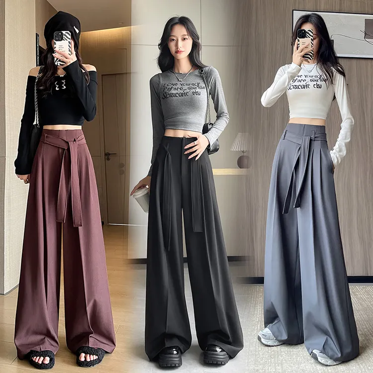 实拍女西装裤秋季高腰阔腿裤灰色黑色红色小个子常规加长款垂感直