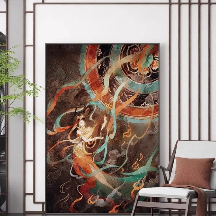 敦煌飞天壁画玄关装饰画沙发背景墙水晶画客厅高级感挂画新中式轻