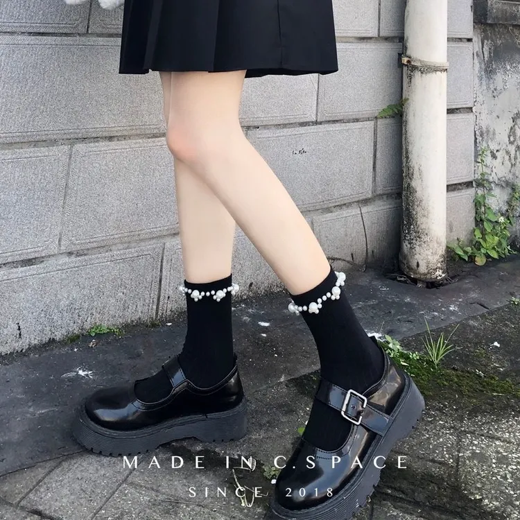 珍珠袜子女jk中筒袜春秋冬季搭配玛丽珍乐福小皮鞋可爱少女堆堆袜