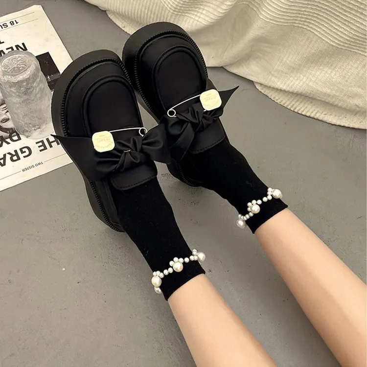 珍珠边的袜子女夏季薄款潮百搭中筒可爱日系复古学院风黑色玛丽珍