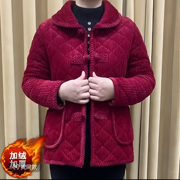 中老年女装方领厚款冬季老年人短款加绒棉衣中开衫加厚妈妈装棉衣