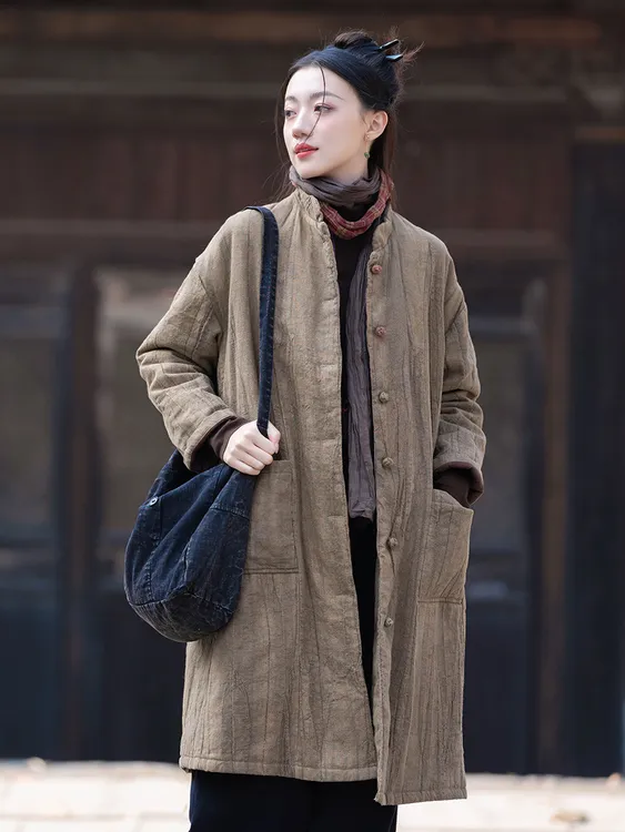 25冬苎麻手工扎染炒色盘扣棉服女禅意流浪棉服女装夹棉长款棉衣