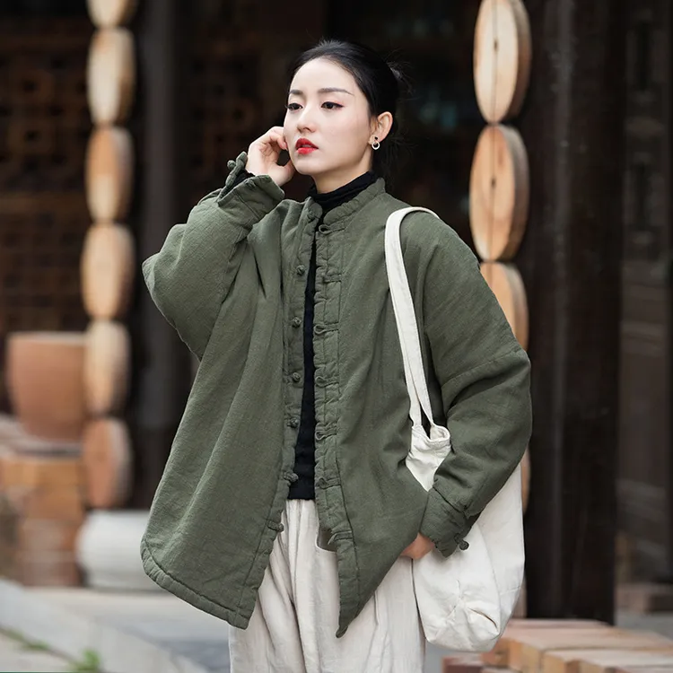 2024冬棉麻女装新款舒适加厚苎麻棉砂洗手工上衣女盘扣棉服宽松