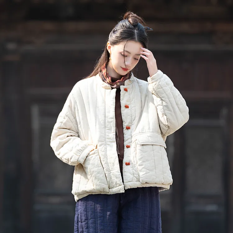 24棉麻文艺复古拼色盘扣宽松压条立领短款棉袄女亚麻夹棉加厚棉衣