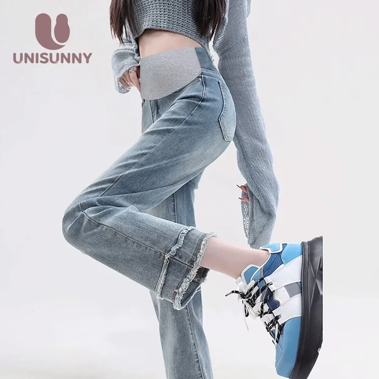 unisunny孕妇牛仔裤2025春秋款时尚潮妈外穿早秋打底裤直筒九分裤