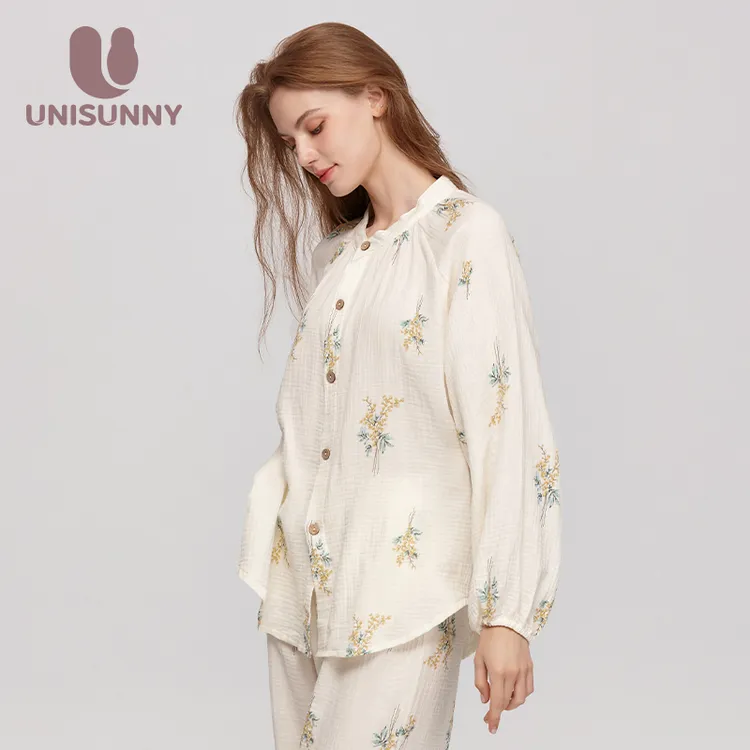 unisunny月子服秋季亲肤纯棉纱布孕妇哺乳睡衣产妇家居服喂奶衣