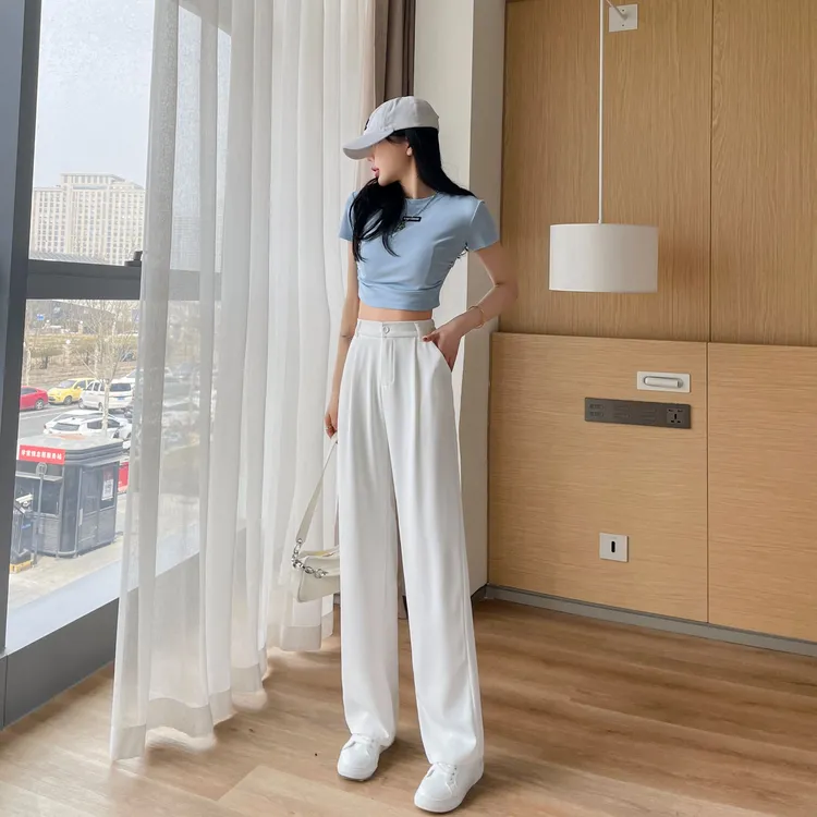 夏季新款窄版西装阔腿裤时髦高腰垂感宽松显瘦百搭杏色直筒休闲裤
