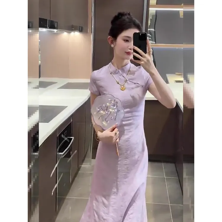 新中式改良旗袍裙气质素雅2024夏季新款修身显瘦轻奢高级感连衣裙