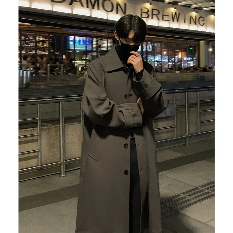 中长款风衣男春秋过膝深灰色西装外套春秋双排扣休闲复古西服大衣