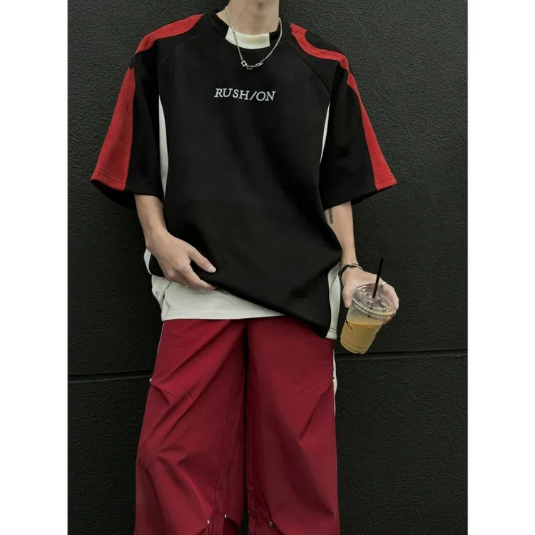 美式赛车服短袖T恤男夏季oversize潮牌街头痞帅机车黑红拼色上衣