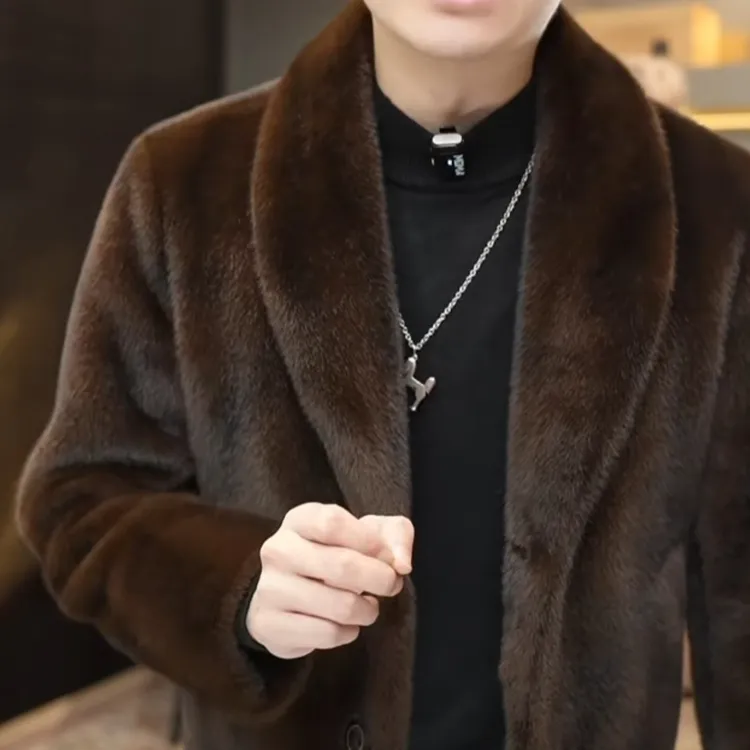 2025秋冬海宁青果领仿貂大衣新短款皮毛一体环保毛毛绒外套男修身