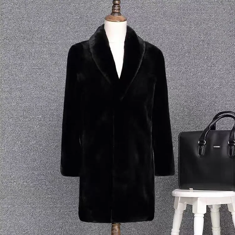 海宁新款环保皮草仿貂皮大衣男西服领毛毛外套过膝款修身休闲秋冬