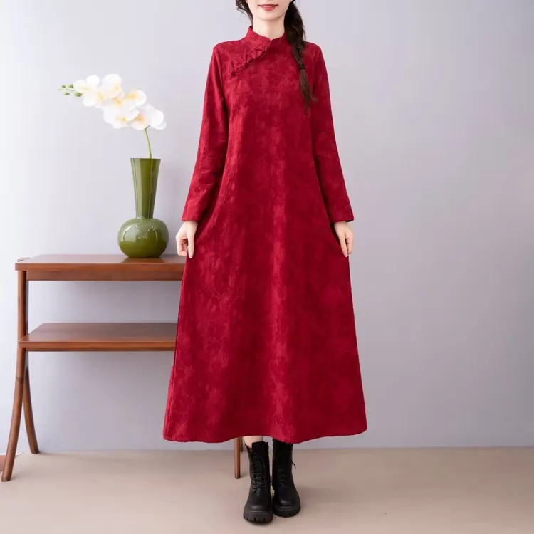 朵朵-气质长袖时尚复古秋季红色新中式棉麻提花显瘦旗袍连衣长裙