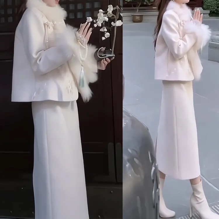 【熙熙】冬设计新中式国风刺绣高级感羽绒小香风毛呢套装裙两件套女