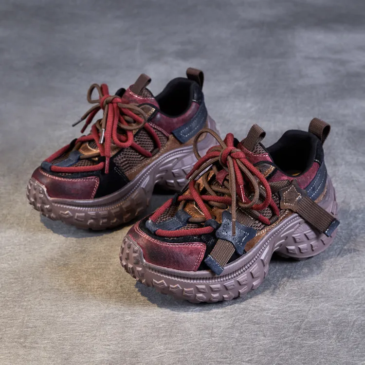 万达撤柜真皮老爹鞋2025新猪皮拼色爆款增高厚底女鞋榴莲轮胎底松